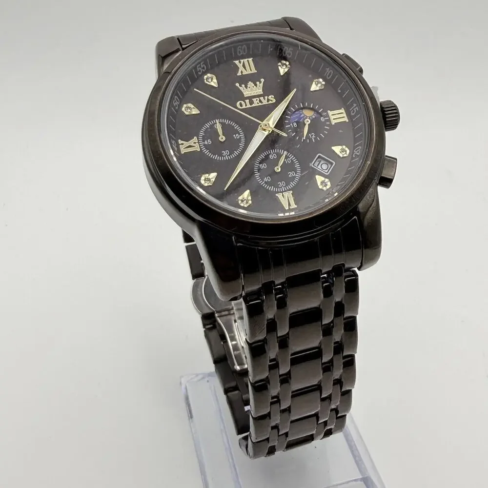 Sleek OLEVS 2858 Men's Black Stainless Steel Chrono Watch - New Battery!